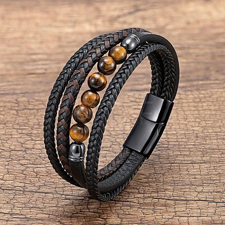 Natural Tiger Eye Round Beads & Braided Imitation Leather Cord Bracelets for Men FS-WGCE7B3-22-1