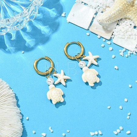 Tortoise & Starfish Synthetic Turquoise Hoop Earrings EJEW-JE07147-01-1