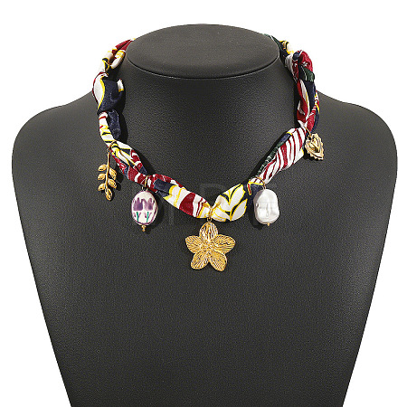 304 Stainless Steel Enamel Pendant Printed Cloth Scarf Necklaces for Women FS-WGDE682-03-1