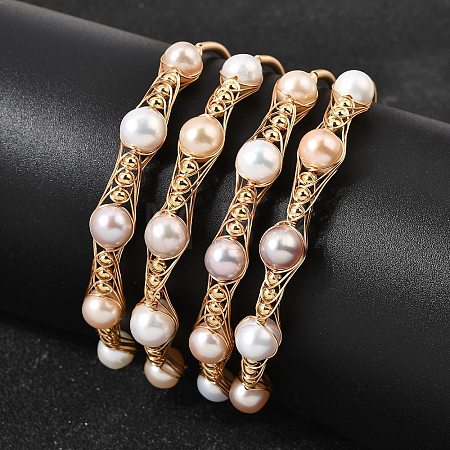 Brass Wire Wrapped Natural Pearl Cuff Bangles for Women BJEW-D453-01G-1