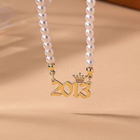 Alloy Crown Birth Year Pendant Imitation Pearl Round White Beaded Necklaces for Women FS-WG173C9-10-1