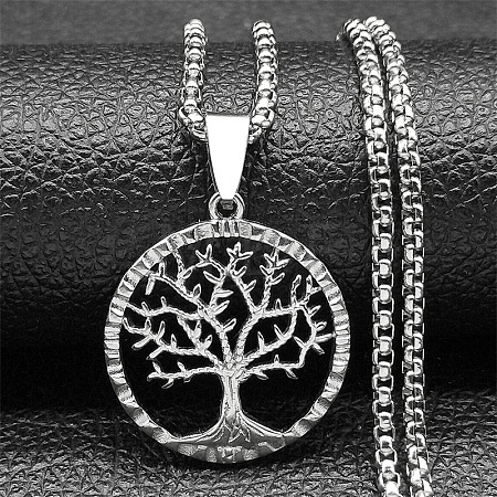 201 Stainless Steel Tree of Life Pendant Box Chain Necklaces for Men NJEW-S440-16P-1
