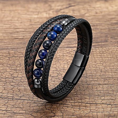 Natural Sodalite Round Beads & Braided Imitation Leather Cord Bracelets for Men FS-WGCE7B3-26-1