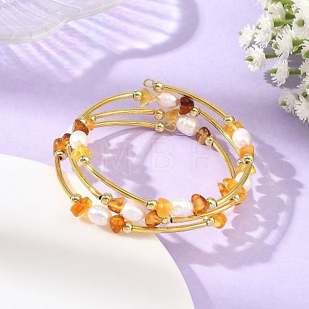 Nuggets Natural Amber and Pearl Wrap Cuff Bangles BJEW-JB14492-1