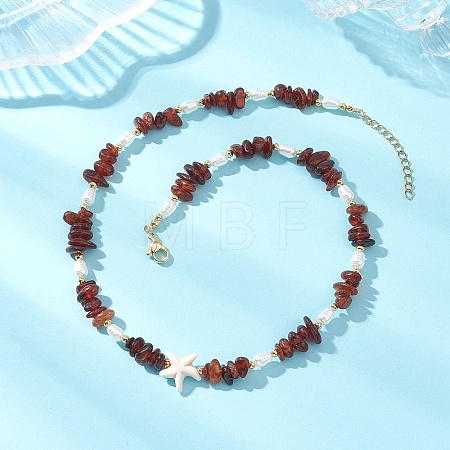 Natural Garnet Chip and Teardrop ABS Imitation Pearl & White Starfish Synthetic Turquoise Beaded Necklaces for Women NJEW-JN05765-1