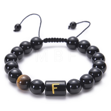 10MM Natural Black Onyx(Dyed & Heated) and Tiger Eye Alphabet Round Braided Bead Adjustable Bracelets for Women DM6424-6-1