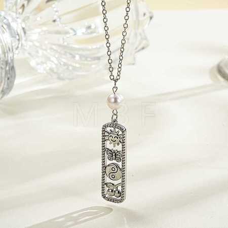 Brass Micro Pave Clear Cubic Zirconia Hollow Rectangle with Sun and Butterfly Pendant Necklaces with Imitaiton Pearl Beads WG253F6-04-1