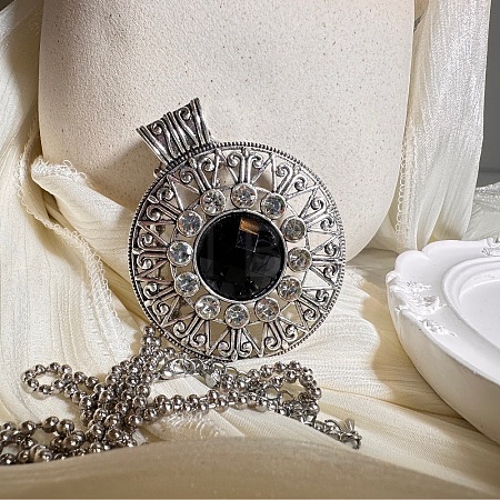 European style Alloy Crystal Rhinestone & Black Resin Flower Pendant Ball Chain Necklaces for Women PH9473-1