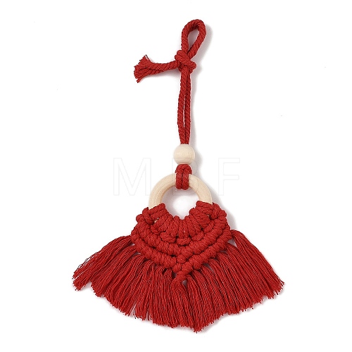 Handmade Macrame Nylon Thread Pendant Decorations with Wood Beads HJEW-P019-03C-1