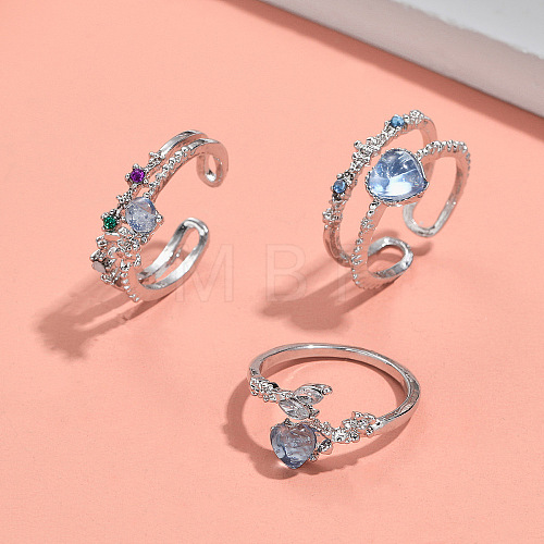 3Pcs Heart & Flower Alloy Rhinestone Cuff Rings FS-WGDF7E1-04-1