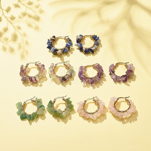 Natural Gemstone Chips Braided Hoop Earrings EJEW-JE04940-1