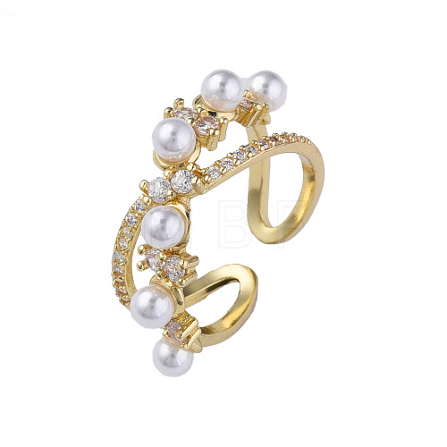 Cubic Zirconia Infinity Open Cuff Ring with Imitation Pearl RJEW-N035-132-1