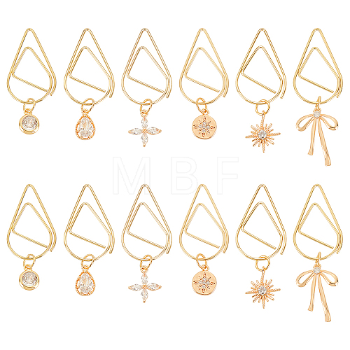 12Pcs 6 Style Flower/Snowflake/Bowknot Brass Micro Cubic Zirconia Charm Bookmarks AJEW-AB00184-1