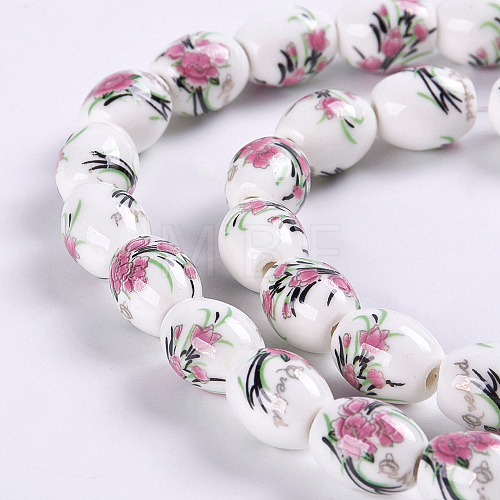 Handmade Flower Printed Porcelain Ceramic Beads Strands PORC-J006-D08-1