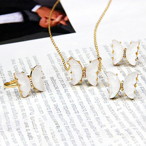 Butterfly Alloy Glass Pendant Necklaces & Stud Earrings & Rings Sets for Women WG31995-10-1