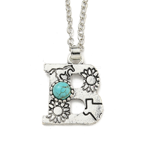 Letter A~Z Antique Silver Plated Alloy with Synthetic Turquoise Pendant Necklace NJEW-G080-01B-1