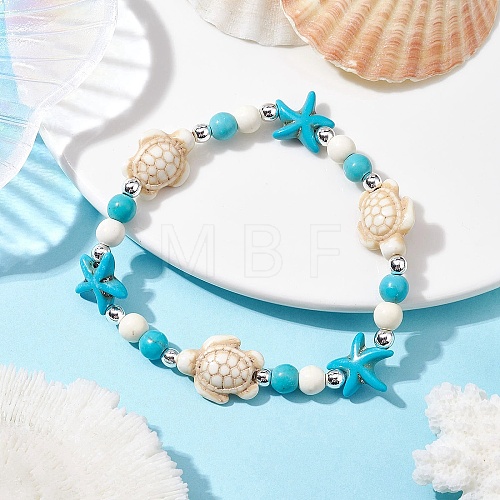 Turtle & Starfish Synthetic Turquoise Beaded Stretch Bracelet BJEW-JB09968-01-1