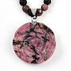 Natural Rhodonite 4.5mm Round Beaded Flower Pendant Necklaces NJEW-T016-04K-4