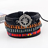Adjustable Compass Alloy Braided Leather Cord Wooden Beaded Multi-strand Bracelets BJEW-P0001-18-2
