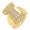 Brass Micro Pave Clear Cubic Zirconia Letter Open Cuff Ring for Women RJEW-M173-01G-I-1