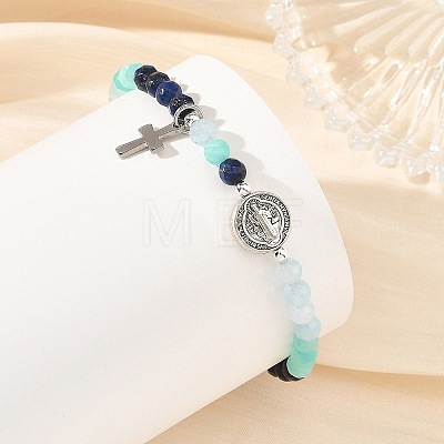 Gradient Natural Mixed Stone Faceted Round Beaded Stretch Bracelets with Alloy Saint Benedict Medal BJEW-JB14401-01-1