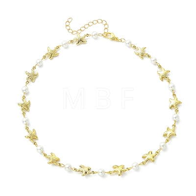 Ocean 304 Stainless Steel Sea Animals Handmade Link Chain Necklaces with White Round Shell Pearl Beads NJEW-JN06097-02-1