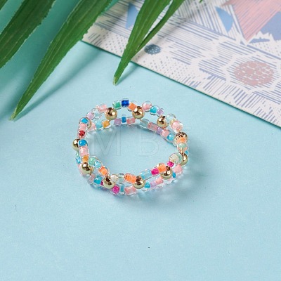 Round Transparent Inside Colours Glass Seed Beaded Finger Rings RJEW-JR00318-01-1