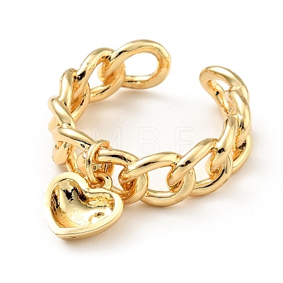 Brass Heart Charm Open Cuff Ring KK-D080-09G-1
