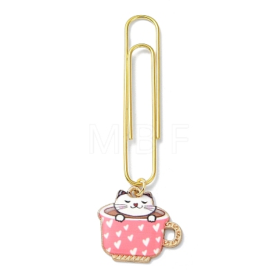 Cup with Cat Alloy Enamel Pendant Bookmarks AJEW-JK00305-1