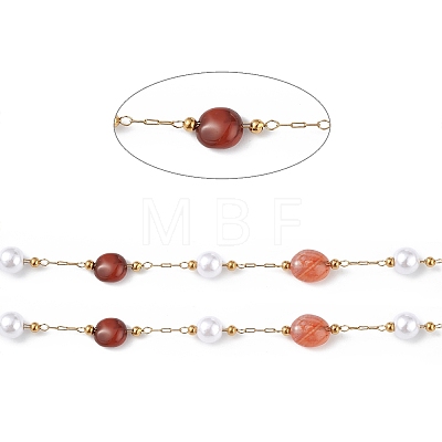 Natural Red Agate Nugget & Glass Imitation Pearl Beaded Chain CHS-C006-02A-1