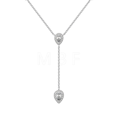 Rhodium Plated 925 Sterling Silver Pave Clear Cubic Zirconia Cable Chain Teardrop Tassel Pendant Necklaces for Women NJEW-Q342-08P-1