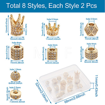 Mega Pet 16Pcs 8 Style Rack Plating Brass Cubic Zirconia Beads ZIRC-MP0001-01-1