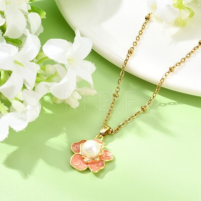 Brass Enamel & Shell Pearl Pink Flower Pendant Satellite Chain Necklaces for Women NJEW-JN06111-1