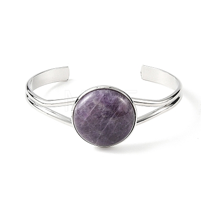 Natural Mixed Stone Flat Round Brass Cuff Bangles for Women BJEW-JB14353-1