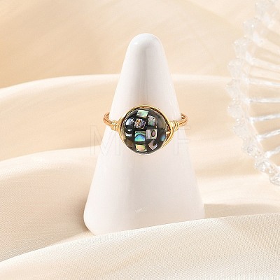 Eco-Friendly Copper Wire with Natural Abalone Shell Beads Finger Rings RJEW-JR01099-1
