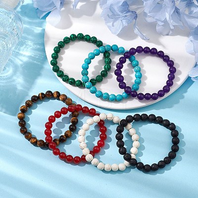 12Pcs 12 Styles 8mm Mixed Gemstone Round Beaded Stretch Bracelets Sets BJEW-JB10929-1