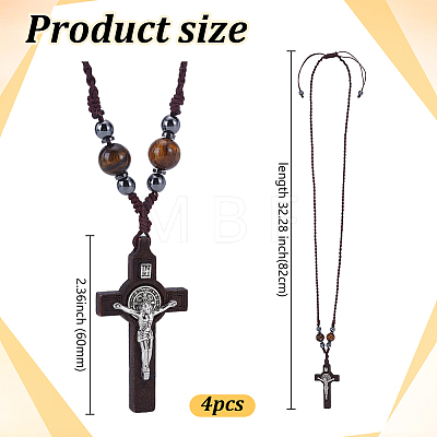 4Pcs Natural Tiger Eye Round Bead & Synthetic Hematite Bead & Wood Cross Pendant Necklaces NJEW-HY00003-1