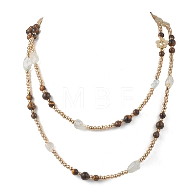 Round Natural Tiger Eye & Nuggets Topaz Beaded Wrap Long Necklaces NJEW-JN05907-01-1