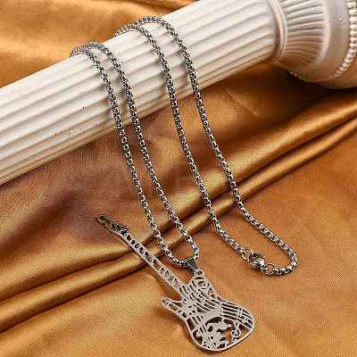 304 Stainless Steel Hollow Guitar Pendant Box Chain Necklaces NJEW-M086-03P-1