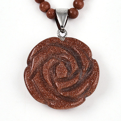 Synthetic Goldstone 4.5mm Round Beaded Flower Pendant Necklaces NJEW-T016-04J-1