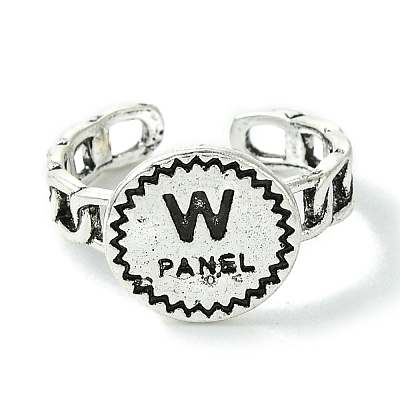 Flat Round with Word W Panel Alloy Open Cuff Finger Ring for Women RJEW-K275-14AS-1