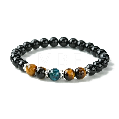2Pcs 2 Style Dyed Natural Tiger Eye & Black Onyx Round Beaded Stretch Bracelets Set BJEW-TA00439-1