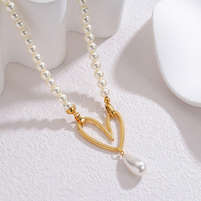 Faux Pearl Teardrop & 304 Stainle Steel Pendant Beaded Necklaces for Women WGF56ED-02-1