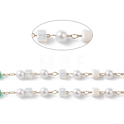 Cube & Round Glass & ABS Imitation Pearl Beaded Chains CHS-P016-43G-03-1