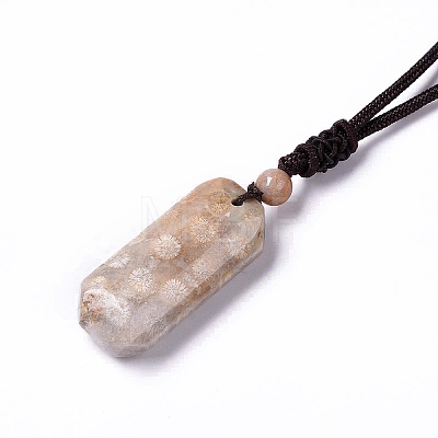Dyed Natural Fossil Coral Rectangle Pendant Necklace with Nylon Cord for Women NJEW-C002-05-1