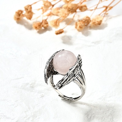 Natural Rose Quartz Wings Adjustable Rings RJEW-K241-04AS-13-1