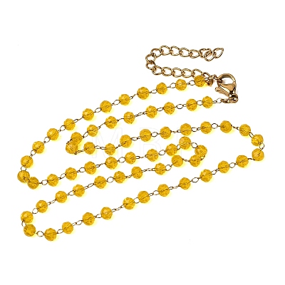 304 Stainless Steel with Glass Faceted Rondelle Bead Handmade Link Chain Birth Stone Necklaces for Women NJEW-G195-01G-01-1