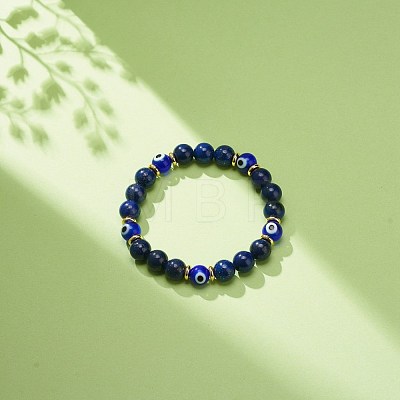Natural Lapis Lazuli(Dyed) & Lampwork Evil Eye Round Beaded Stretch Bracelet BJEW-JB08713-05-1