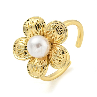 Flower ABS Plastic Imitation Pearl Beaded Open Cuff Ring RJEW-P106-01G-1