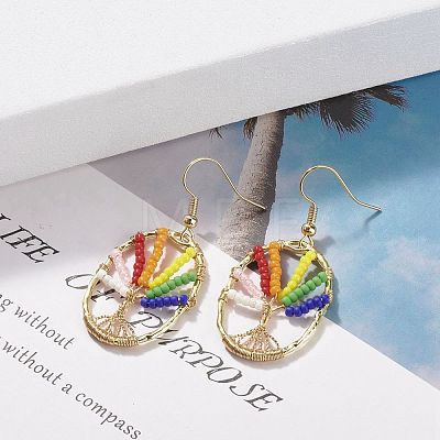 Oval with Tree of Life Glass Seed Braided Dangle Earrings EJEW-JE04874-02-1